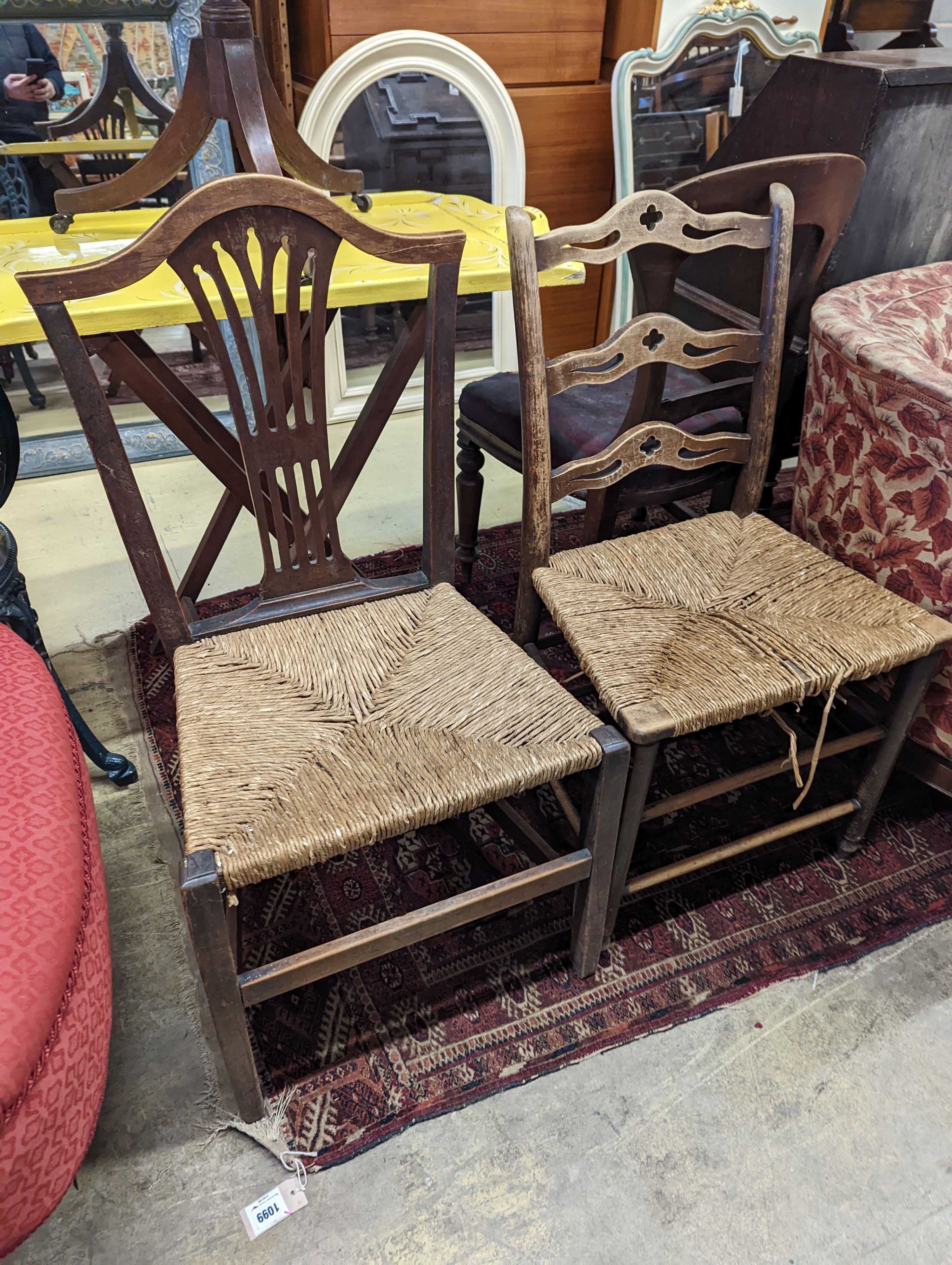 An early 19th century mahogany tripod wine table, two provincial rush seat chairs and one other and a butler's tray